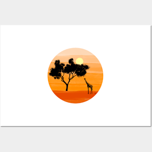 Giraffe Sunset - Orange Posters and Art